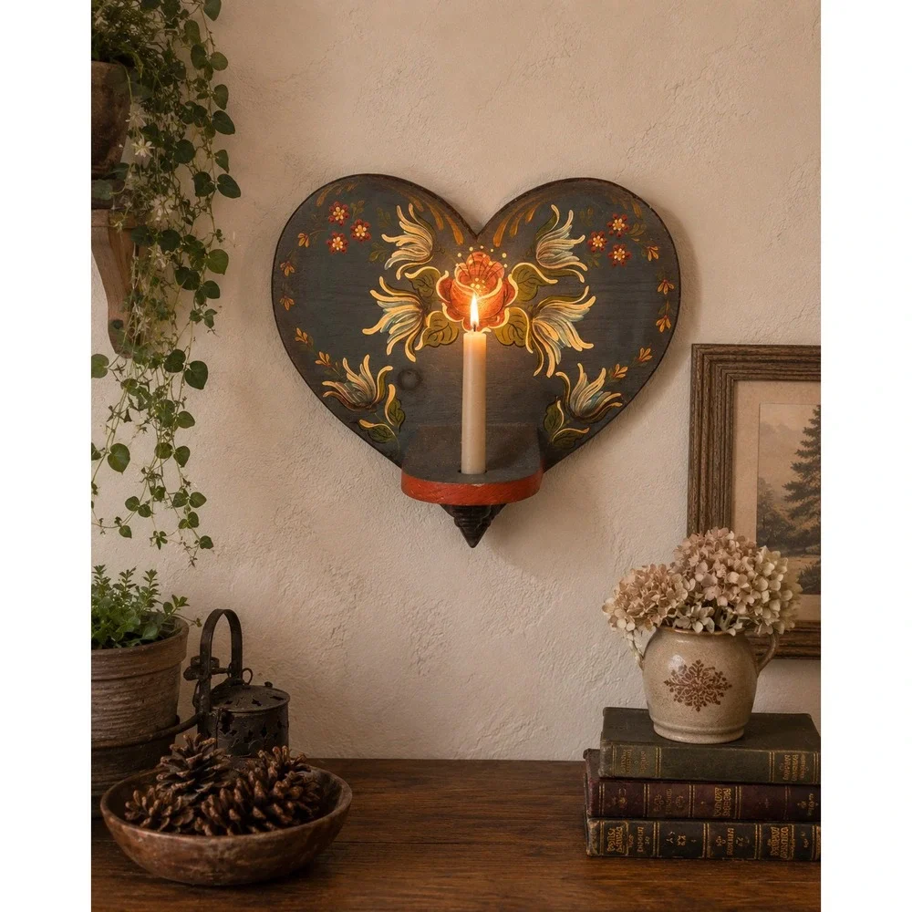 Vtg Hand Painted Folk Art Heart Wall Candle Sconce Wooden Floral